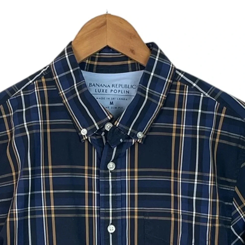 BF824 Mens Banana Republic Luxe Poplin GRANT Slim Fit Plaid Button Down Shirt M